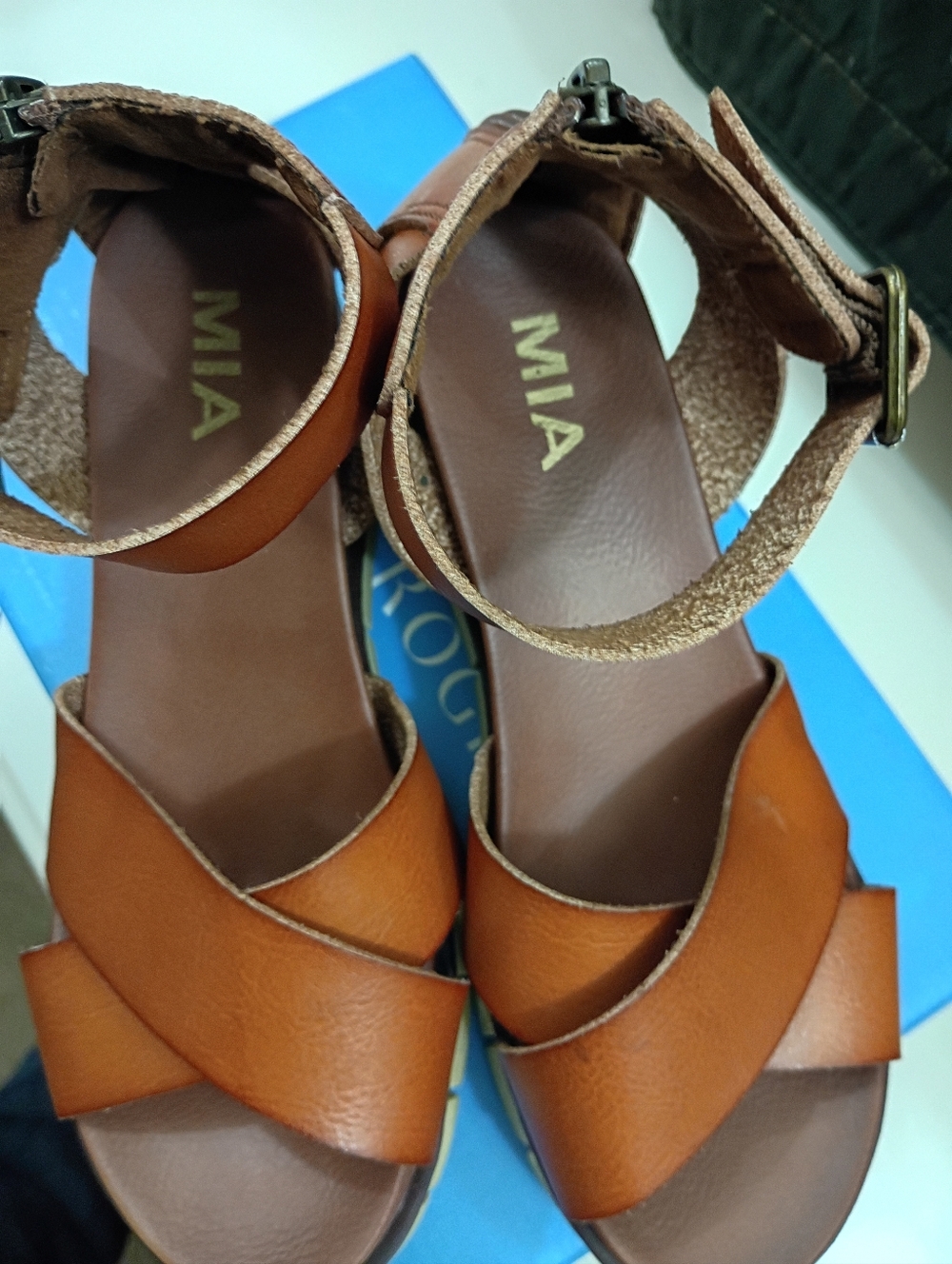 MIA Women's Cognac Crisscross Ankle Strap Sandals - Picture 4 of 8